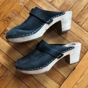 Swedish heeled leather and wood clog